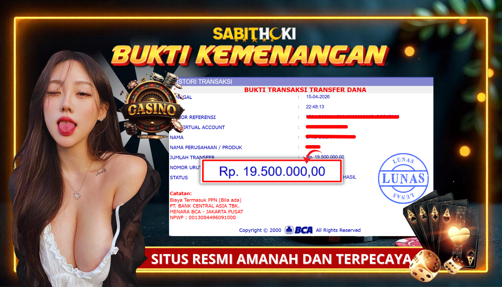 SELAMAT KEPADA MEMBER SETIA SABITHOKI BERHASIL JACKPOT DI PERMAINAN CASINO ( BACCARAT )